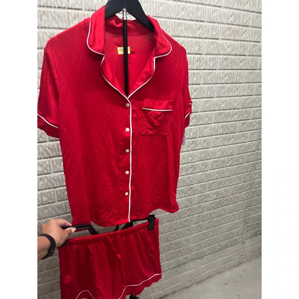 Auden Cloud Knit Pajama Set Red Short Sleeve Button Down Shorts Small NEW